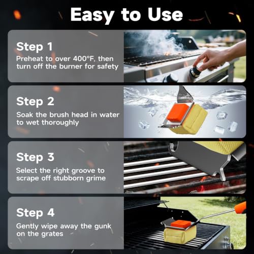 Grill Brush Bristle-Free with Scraper, Kevlar Steam BBQ Cleaner, Orange | Non-Metal Bristle, Replaceable Head, 17" Handle, 4-in-1 Scraper, for Porcelain, Ceramic, Stainless Steel, Cast Iron Grate - color: Grill Brush & Scraper