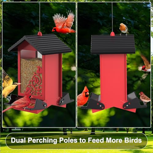 Squirrel Proof Bird Feeder for Outdoor Hanging,Metal Bird Seed Feeder with Bilateral Weight Activated Perches,5LB Large Capacity Wild Bird Feeders for Outside,Easy Refill and Clean,Red - color: Red