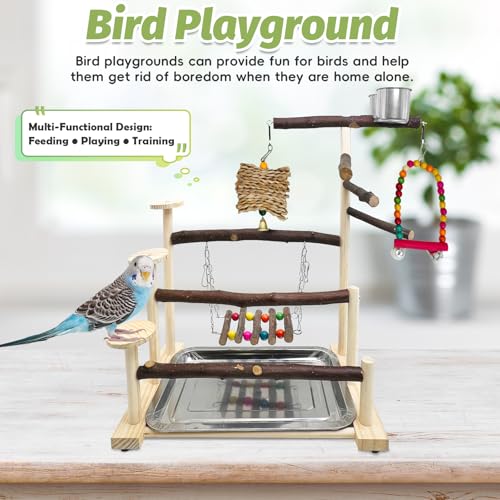 PINVNBY Bird Playground 9 PCS Parrot Perch Stand Play Gym Cockatiel Wood Bird Toys Birds Cage Accessories Playpen with Feeder Cups Hanging Swing Toys for Parakeet Conure Lovebird Cockatiel - size: Three Floors With Chew Toys