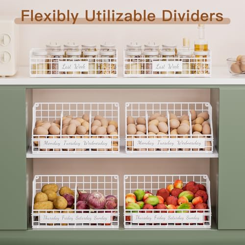 Egg Basket, Stackable Wall Mount Egg Holder Countertop with Weekday Labels | Rustproof carbon steel basket with adjustable dividers, ideal for backyard poultry, small kitchen & pantry storage, 1T White - color: White, size: 1-Tier（with DIY labels）