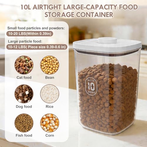 LEAWALK 10Lbs/10.57Qt Airtight Dog Cat Food Storage Container and Dog Treat Containers BPA-Free, PET Clear Stackable Pet Storage Bin, Pop Top, 1-Cup Scoop for Pet Food/Rice/Flour/Bread/Grains - color: White-10L-A