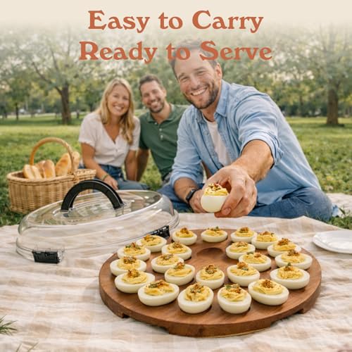 Deviled Egg Containers with Lid, 24-Slot Acacia Wood Deviled Egg Tray Platter for Serving and Transporting, Elegant Party & Potluck Serving Board (Black)