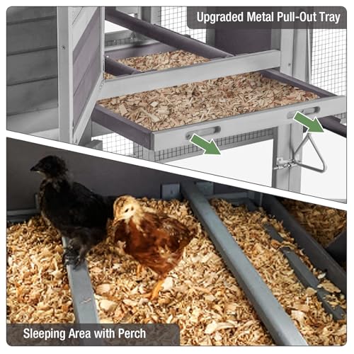 79‘’ Chicken Coop with Wheels, Wooden Hen House with Large Nesting Box, Outdoor Poultry Cage with Leakproof Pull-on Tray, Backyard Chicken Coop with Run, Weatherproof Rabbit Hutch