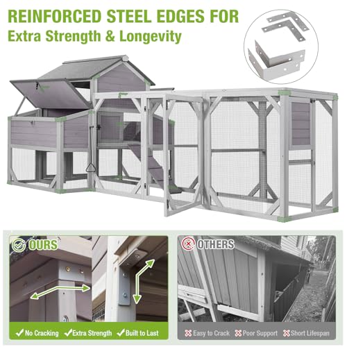 GUTINNEEN Large Chicken Coop with Run for 8-10 Chickens, Wooden Outdoor Hen House with 3-Section Nesting Box, Walk-in Poultry Cage, Pull-Out Metal Tray, Multiple Perches, Secure Ventilated Design - size: 118.1"L x 56.7"W x 49.6"H