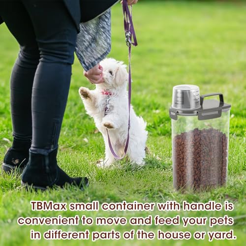 TBMax Small Dog Food Storage Container 3 Qt with Cat Food Can Cover and Mixing Spoon, Portable Travel Pet Food Dispenser with Large Spout and Cup - color: Grey 3Qt