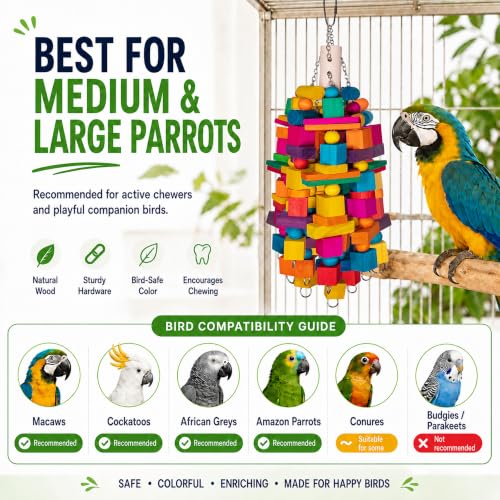 20"Large Bird Toys Natural Wooden Foraging Toys for Medium& Large Birds | 20” X-Large Bird Toys, Natural Wooden Material,Stainless Steel Chain,Bird-safe carabiner,Colorful Chew Toys,for Large Birds