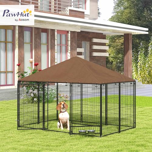 PawHut Outside Dog Kennel Puppy Play Pen w/Canopy 6.9' x 4.6' x 5' Black | Secure Lock, Heavy Duty Welded Wire Steel, Rotating Bowl, Outdoor Fence Crate Enclosure Cage for Dogs Chickens Ducks - size: 6.9' x 4.6' x 5'