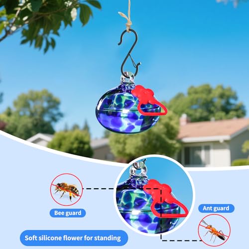 Pozfun Small Hummingbird Feeders for Outdoors Hanging,Hand-Blown Glass Hummingbird Feeder with Silicone Feeding Perch,Never Leak,Gardening Gifts for Woman Man - color: Dotted Blue