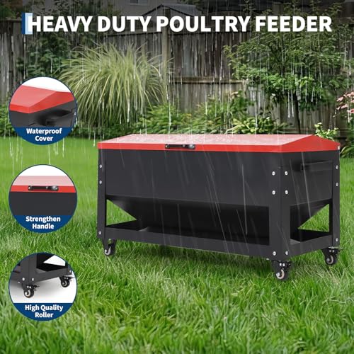 120LB Large Metal Chicken Feeder Box, Galvanized Steel | Automatic Poultry Feeding, Waterproof Red Lid, Brake Casters, Portable Handles, For Chickens, Ducks, Geese, Hens, Roosters