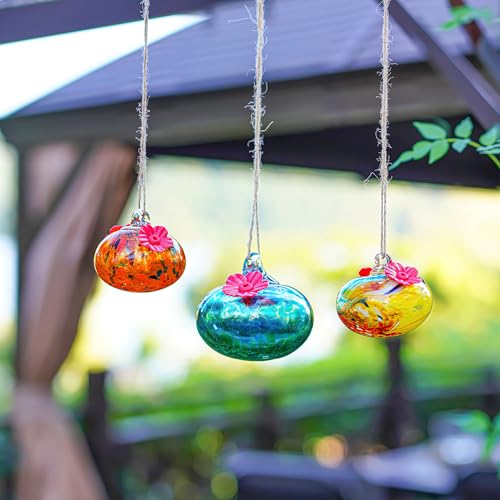 Set 3 Glass Hummingbird Feeders for Outdoors with 2 Flower Feeding Ports | Safe Lead-Free Glass, Non-Toxic for Hummingbirds, Bee & Ant Repellent Design, Guard Nectar Well - color: Color-A