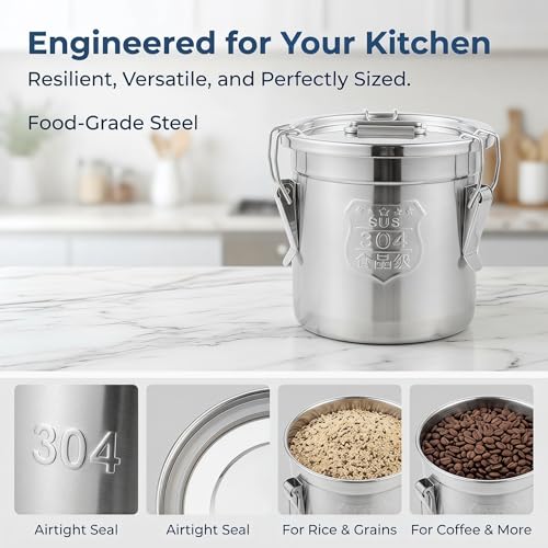 1.61Gal 304 Stainless Steel Airtight Canister,Metal Bucket Large Stainless Steel Canisters - Locking Clamp & Airtight Lids - Dog Food/Bird Seed/Coffee Storage Container - color: 1.61 GAL