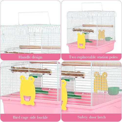Small Bird Cage for Travel, Parrot Carrier with Handle 9.5"L x 12"W x 12"H | Sturdy, Easy to Clean & Install, Birdcages with Trays, Standing Perch, Feeder Cups for Smaller Birds Lovebird Parakeets, Pink - color: Pink