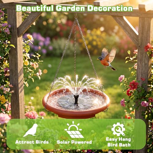 AISITIN 15" Hanging Bird Bath with Solar Fountain & 3‑Tier Step Design | Outdoor Hanging Bird Bath Bowl, Solar Powered Water Fountain for Gardens, Patios, Lawns, and Backyard Bird Feeding Stations