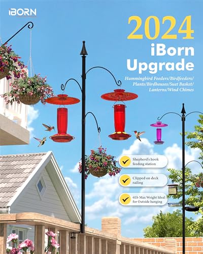 iBorn Shepherds Hooks for Outdoor Clamp On Deck Hook for Bird Feeder 45 Inch Heights Feeder Hangers for Deck Railing Hummingbird Feeders Hanging Tri-Hooks 2024 New (Feeders are Not Included) - size: 45" Height with Tri-Hooks