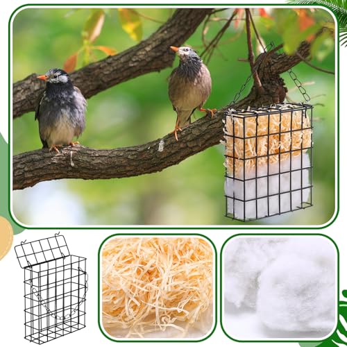 2 Set Hummingbird Nesting Material Hanging Cage Holder with Natural Cotton Raffia Gift for Bird Lover Hummingbird House Material for Wild Bird Outdoor Garden Home Resting Place(Black) - color: Black