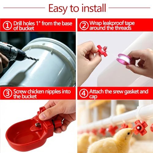 Heavy Duty 12-Pack Automatic Chicken Water Nipples with Cups, Horizontal Leak-Proof Waterer for Coop, Quail, Chicks, Turkeys, Peacocks, fits 5-Gallon Buckets & PVC Pipes