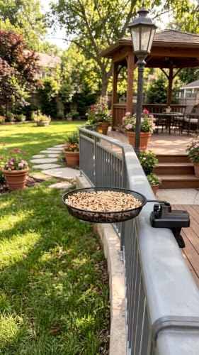 Fence/Railing Bird Feeder Tray for Deck/Balcony/Porch, 8" Steel Platform Bird Feeder Mesh Seed Tray for Outside Wild Birds, Great Decoration for Garden Backyard