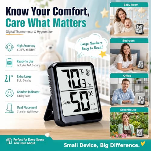 Room Thermometer Indoor Hygrometer Temperature and Humidity Monitor | Accurate Sensor, Fast Refresh, Big Digits, Easy to View, ℉/℃, w/ AAA Battery, Compact for Home, Office, Pet, Plant - color: Black - Upgraded Version, size: 1 - Pack