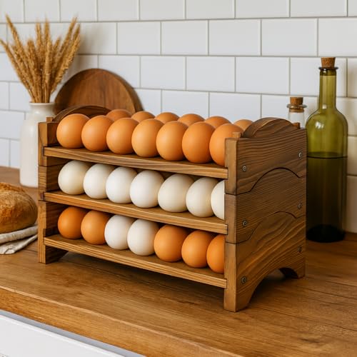 Egg Holder for Countertop, 3-Tier Wooden Rack, Holds 54 Fresh Eggs | Pulchrum rustic farmhouse pine organizer & display stand, stackable for kitchen counter or pantry, hard-boiled use, gift - color: 54 Eggs - 3 Tier Square