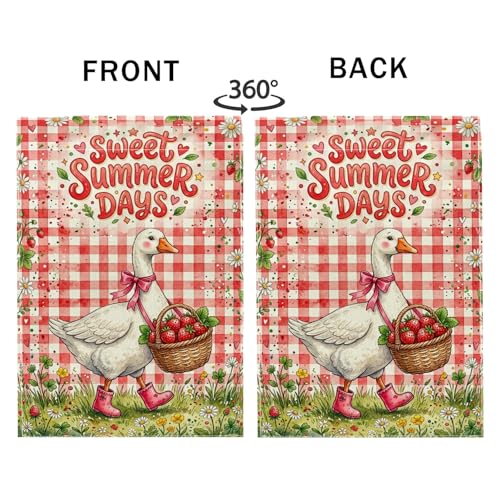 Goose Garden Flag, Summer Playful Strawberries Basket Summer Red Double Sided Burlap Decorative Outside Flags for Outdoor Patio Lawn Porch Entrance Campsite 12x18 Inch - size: 12x18 Inch