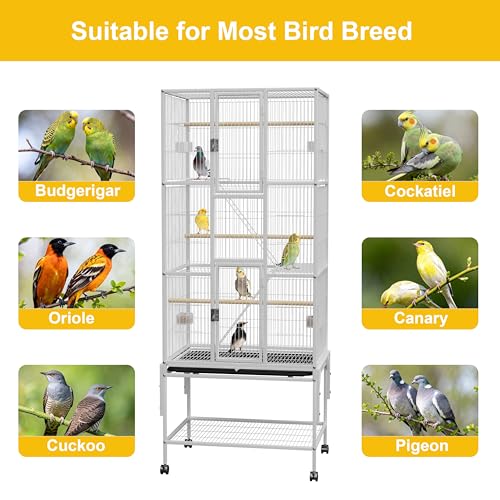 69 inches Bird Cage with Dust Cover, Birdcages with Rolling Wheels | Large Bird Cages for Cockatiels Quaker Conure Parakeet Lovebird Finch Canary Small Medium Parrot Cage Birdcage,White - color: White