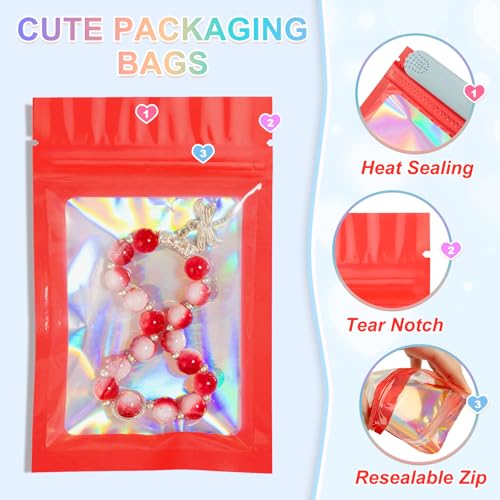 ANZNKU 100PCS Holographic Red Mylar Bags, Resealable Smell Proof 3x4.7 | with Clear Window, Small Business Jewelry Candy Treat Freebie Keychain Packaging, Sealable Plastic Zip Goodie Gift Baggies - color: Red, size: 3 x 4.7 Inch