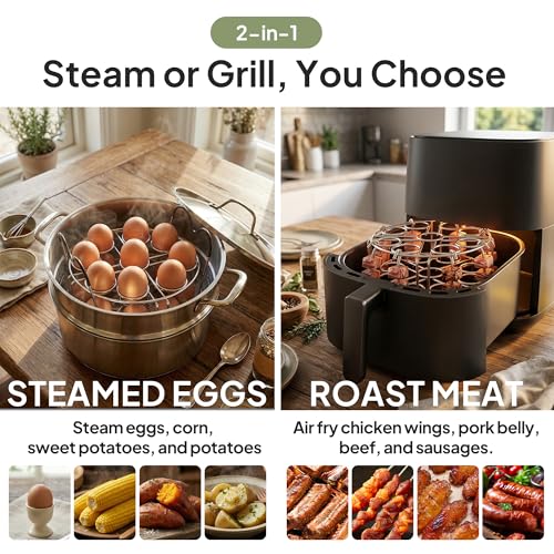 Stackable Egg Steamer Rack Holds 18 Eggs with Handles, Stainless Steel Instant Pot Trivet Fits 6qt/8qt Pressure Cooker, 2-in-1 with Skewers for Grilling