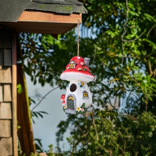 Yinns Bird House for Outside, Decorative Resin Bird Houses for Garden Decor | Birdhouses, Decorative Mushroom Bird Houses for Outdoor Hummingbird, Bluebird, Cardinal Garden Yard Decor - color: Red Mushroom Resin