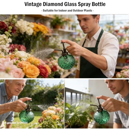Glass Plant Mister Indoor Green Small Fine Mist Spray Bottle 10 OZ | ﻿ Vintage Spray Bottles, Misters Mini Watering Can Glass Sprayer Misting for Garden Plants Indoor Outdoor Decor Cleaning ﻿ - color: A-dark Green