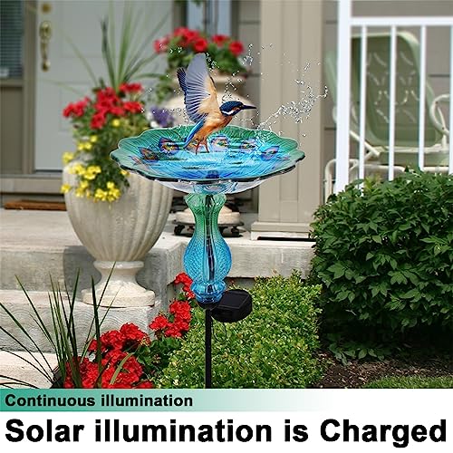 Blue Peacock Ground Stake Solar Bird Feeder for Outside,Bird Pond Outdoor Glass BirdBath with Metal Stake Garden Yard Outdoor, Garden Decoration Yard 32 inches