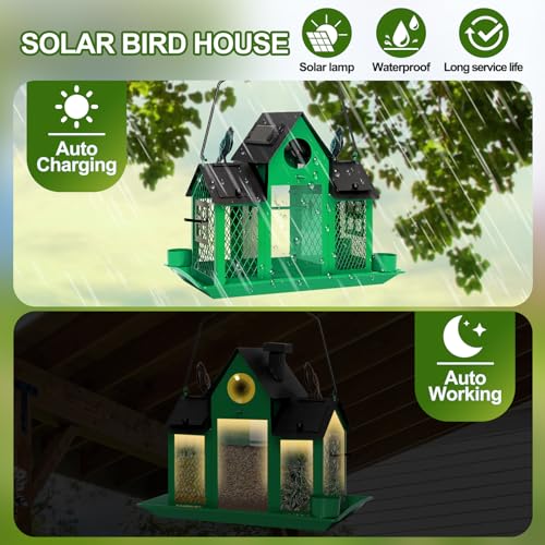 Solar Bird Feeders House for Outdoors Hanging, 7LBS Large Capacity Metal Wild Bird Feeder Squirrel Proof for Outside with Water Cup, Cardinal Birdfeeder Birdhouses Gift for Bird Lovers (Green) | Green,Wild Metal Bird Feeder,7LBS Large Capacity with Water