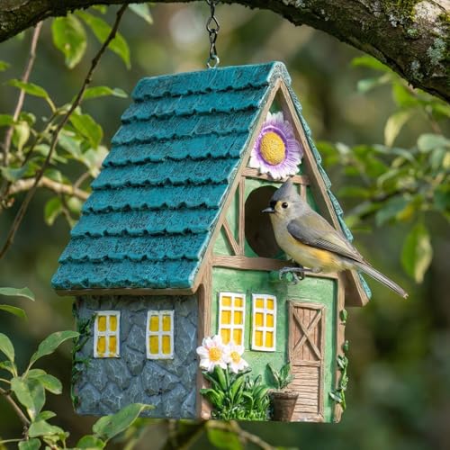 DEWEL Waterproof Bird Houses for Outside, Decorative Resin Birdhouses for Outdoors Garden Yard Decor, Hanging Bird House with Flower for Bluebird Finch Swallow Chickadee, Nesting Box for Bird Lovers - color: Green