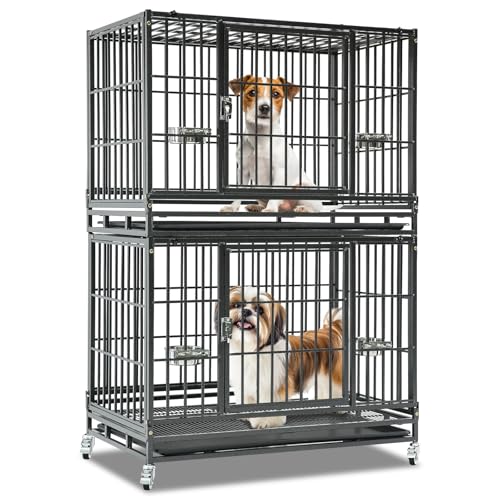 Homey Pet 37 Inch Two Tiers Stackable Dog Crates for Medium Dogs | Indestructible Heavy Duty Dog Cage with with Lockable Wheels, Removable Tray, Opent Top, Escape Proof Locks, Bowls - size: 37.0"L x 22.5"W x 55.5"H
