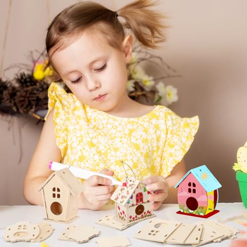 Sawysine 93 Pcs DIY Birdhouse Kits for Kids to Build, 36 Wooden Bird House 6 Shapes and 57 Butterfly Sticker for Children Summer Craft Activity Art Project DIY(Round Entrance) - style: Round Entrance
