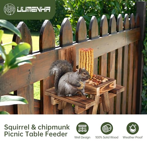 Squirrel Feeder for Outside Funny, Carbonized Wood Squirrel Picnic Table Feeder with Corn Cob Holder & Peanut Tray, Durable Picnic Table for Squirrel and Chipmunk, New Premium Gift - color: Brown