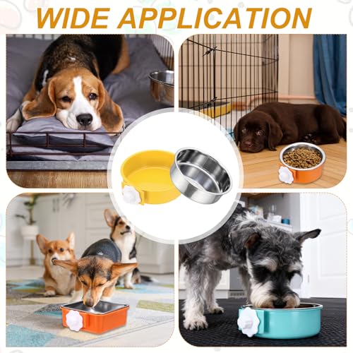 Crate Dog Bowl, Removable Stainless Steel Pet Cage Hanging Anti-Overturn Food Water Feeder Cage Cup (Round, Yellow, 25.3oz), Intended for Puppies/Cat/Rabbit/Bird - color: Yellow, size: 6.4"(25.3oz)