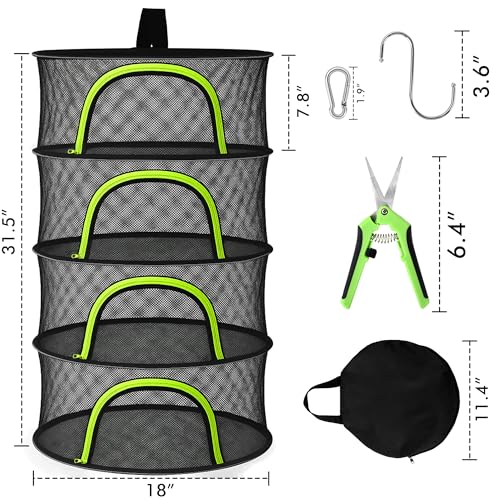 Herb Drying Rack Hanging Mesh 4 Layer 18" with Zipper, Garden Pruning Shear, Hook & Carabiner Clip for Drying Herbs, Plants, Seeds, Buds | Hydroponics & Grow Tents Herb Dryer Hanging Rack - style: 4 Layer 18"