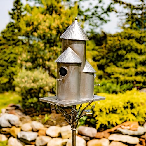 Zaer Ltd. Large Silver Colored Multi-Birdhouse Stakes, Room for 4 Bird Families in Each (Tall Triple Cylinder Homes (Silver Color)) - style: Tall Triple Cylinder Homes (Silver Color)