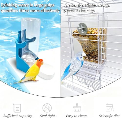 No Mess Bird Feeder Water Dispenser Automatic Parrot Feeder for Cage Bird Food Container Feeding Station Cage Accessories for Cockatiel Cockatoo Canary Lovebirds - color: Blue+Transparent, size: 2Pcs