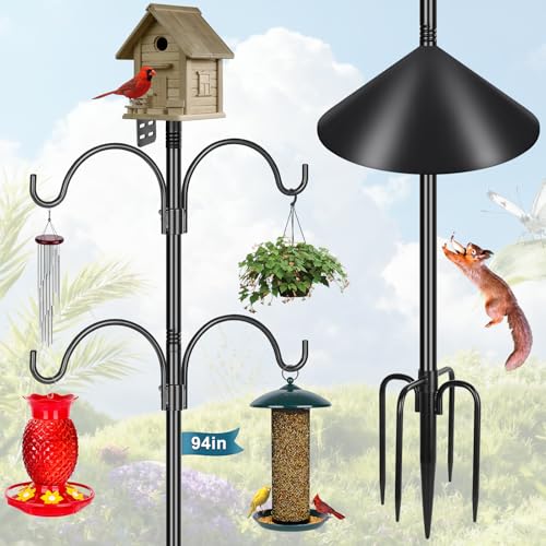 Gtongoko Smart Bird Feeder Pole Squirrel Proof 1-Inch Dia 94 Inch with 4 Shepherds Hooks Hanging Bluebird House Pole for Outdoors Squirrel Baffles for Feeders Metal Heavy Duty Mounting Kit - color: 94 Inch with Baffle