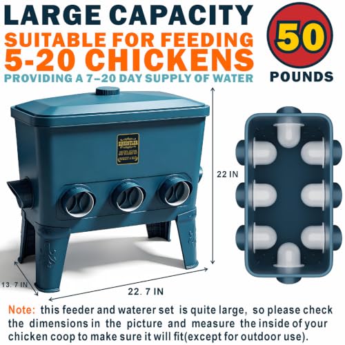 ZINZINULER Large Automatic Port Chicken Feeder and Cup Waterer Set - Chicken Coop Accessories, No Waste Poultry Feeder, 9 Gallon/50 Pounds (Cyan)