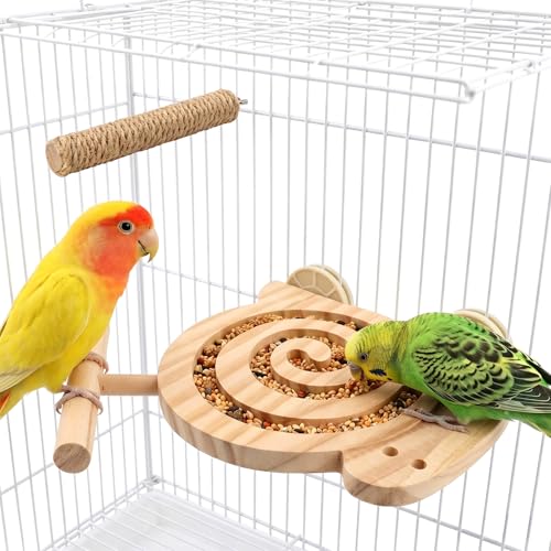 Bird Foraging Toys with Perch, Visible Slow Feeder Wooden Puzzle, Winding Grooves Help Reduce Mess, No Glue & No Exposed Screws, Include Extra Chew Perch for Novice/Older Birds