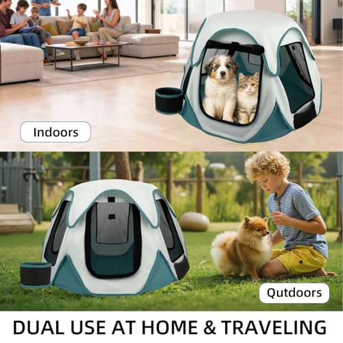 Foldable Portable Pet Playpen with Bowls,Indoor Outdoor Pet Enclosure Blue | Foldable lightweight pet tent with feeding bowls; indoor outdoor & travel camping use, fits dogs, cats, rabbits, chickens - color: blue