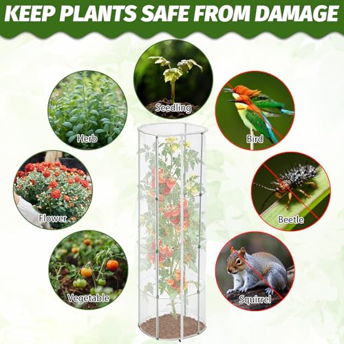 3 Pcs Garden Bird Netting Cover for Round Tomato Cage, 59" x 14.6" - Fits 13" D x 63" H Cage, Tomato Trellis Plant Net Cover with Zipper & Drawstring, Insect Barrier for Protecting Vegetables Fruits