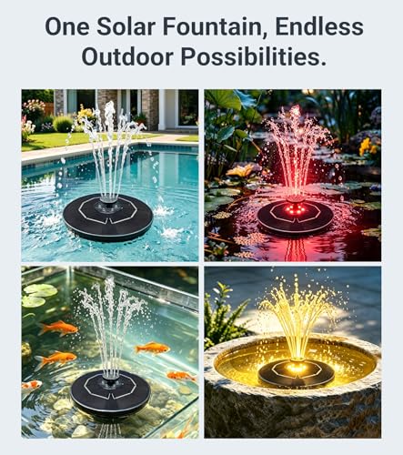 6.3" Solar Bird Bath Fountain with Color LED Lights | 9V/2W Solar Fountain Pump, 800mAh Battery Backup, 4 Fixed Rods 5 Spray Patterns for Birdbath Pond Patio Flowing Water Feature