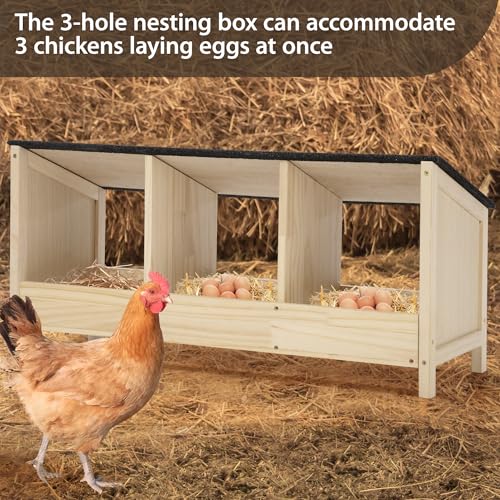 COZIWOW 3-Compartment Chicken Nesting Box Waterproof Asphalt Roof, Wooden Nesting Boxes for Chicken Coop/Farm/Backyard, Easy to Install, Chicken Laying Boxes for Hens, Poultry, Quail, Pigeons