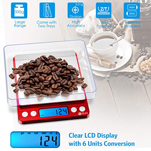 AMIR Upgraded Digital Kitchen Scale, 500g Mini Pocket Jewelry Scale, Cooking Food Scale with Back-Lit LCD Display, 2 Trays, 6 Units, Auto Off, Tare, Stainless Steel (Batteries Included) - color: Red