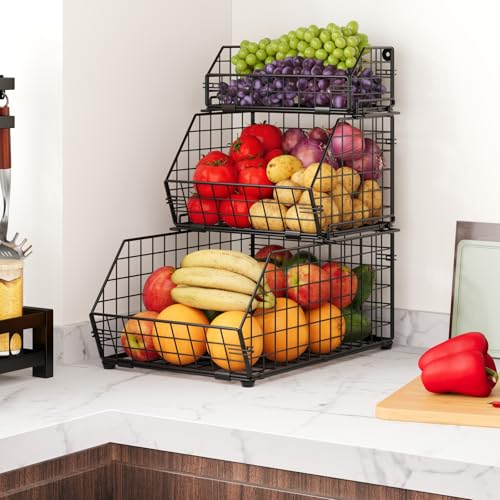 3-Tier Fruit Basket for Kitchen Counter, Stackable Wire Baskets Wall, Potato and Onion Storage Bins, Pantry Organizers, Pantry Storge and Storage for Potato, Onion, Produce, Fruit, Vegetable, Snack