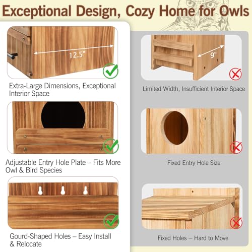 Large Owl Houses for Outdoors, 17" x 12.5" x 12.5" Barn Owl Box | Extra Wide Wooden Bird Nesting Box with Removable Entrance Plate - Habitat for Barn, Screech, Boreal, Saw-Whet & Elf Owls