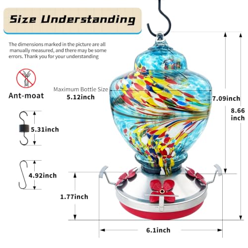 Hummingbird Feeder Colorful Blown Glass Outdoor Hummingbird Feeder with Ant Moat and 5 Feeding Ports for Outdoors Hanging Garden Decor, Bird Lovers (Green) - color: Blue-Phoenix-1